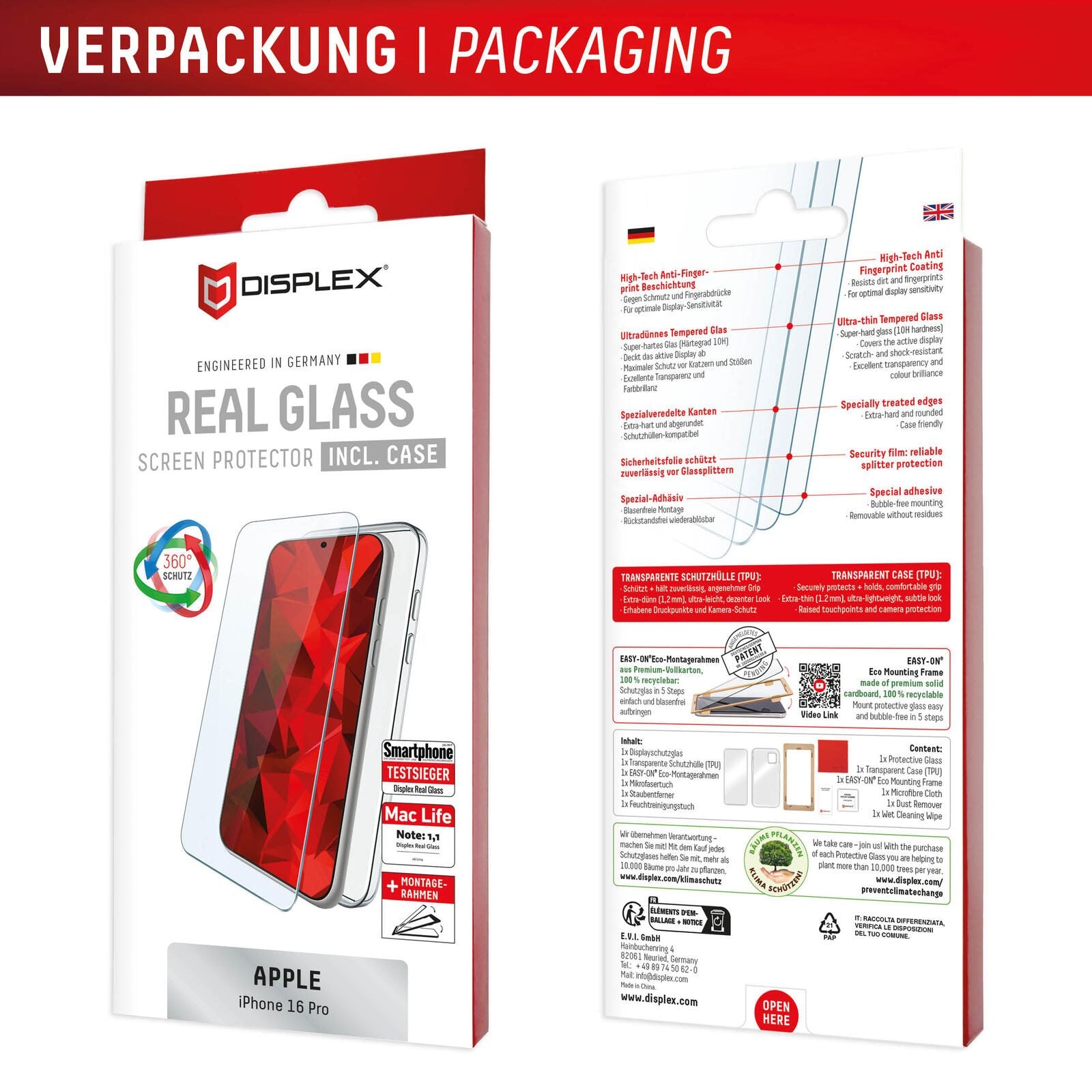 DISPLEX Panzerglas (10H) + Schutzhülle für Apple iPhone 16 Pro