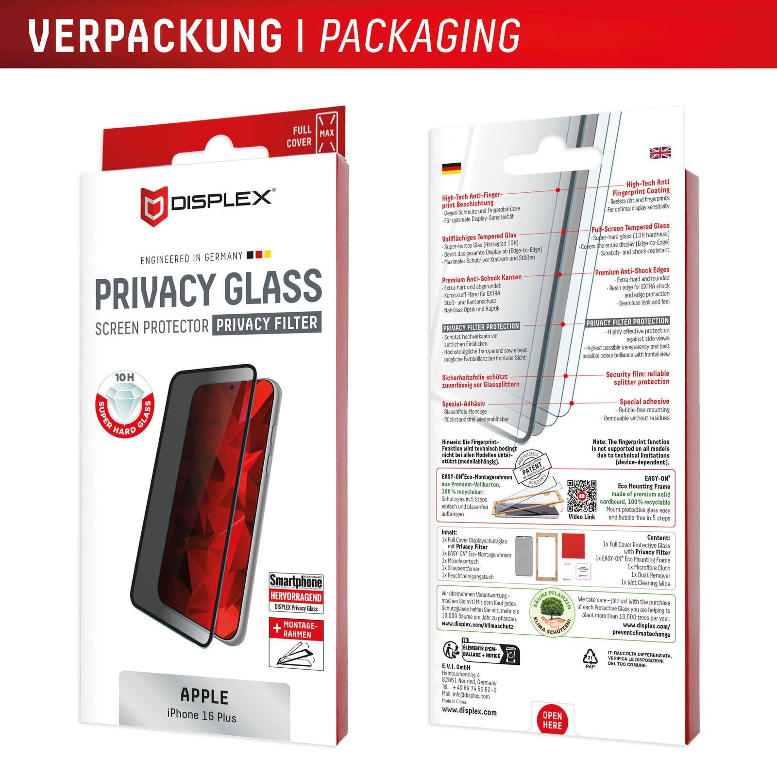 DISPLEX Privacy Full Cover Panzerglas (10H) für Apple iPhone 16 Plus