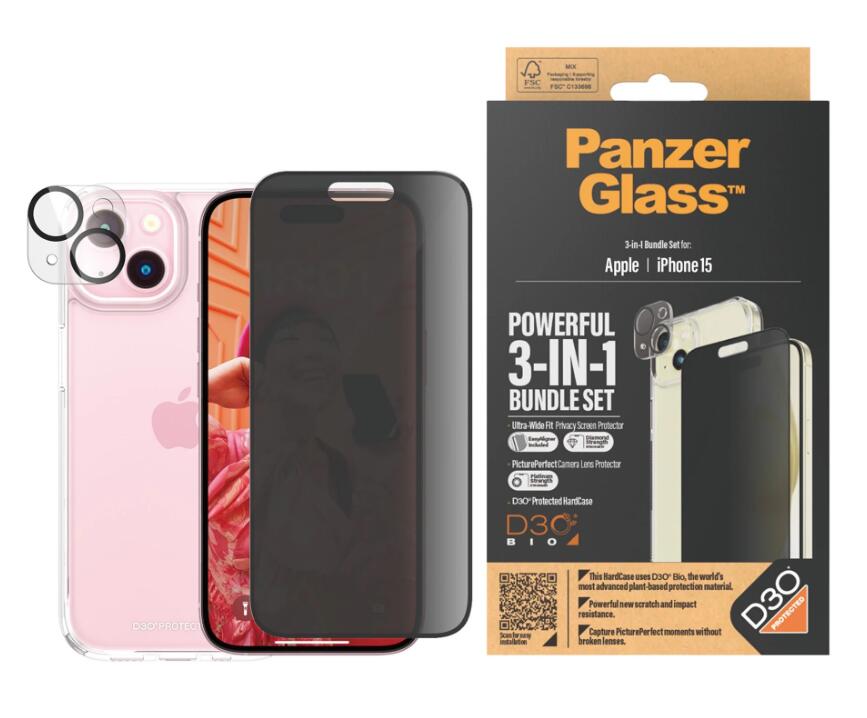 PanzerGlass™ Privacy 3-in-1 Set - iPhone 15