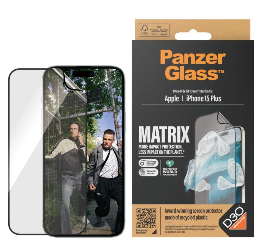 PanzerGlass™ Matrix Displayschutz mit D30 für das Apple iPhone 15 Plus/Ultra-Wide Fit mit Alignerkit