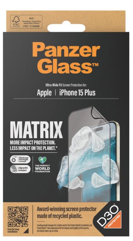 PanzerGlass™ Matrix Displayschutz mit D30 für das Apple iPhone 15 Plus/Ultra-Wide Fit mit Alignerkit