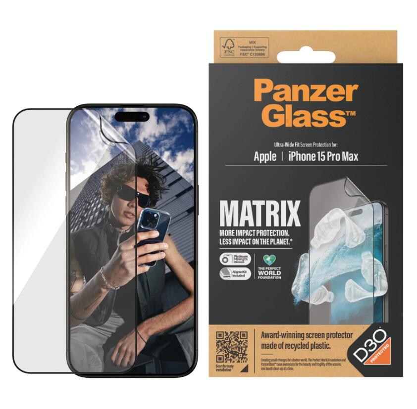 PanzerGlass™ Matrix Displayschutz mit D30 für das Apple iPhone 15 Pro Max/Ultra-Wide Fit mit Alignerkit