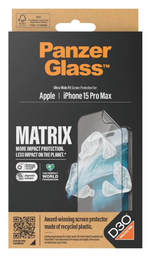 PanzerGlass™ Matrix Displayschutz mit D30 für das Apple iPhone 15 Pro Max/Ultra-Wide Fit mit Alignerkit