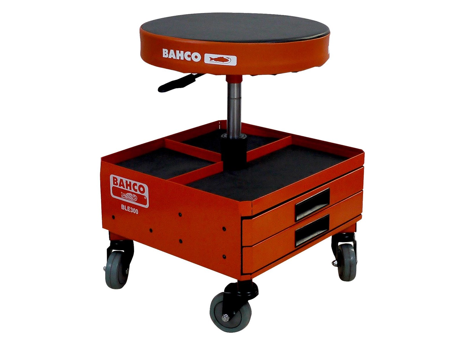 BAHCO Cushioned pneumatic stool with easy-to-reach storage drawers and trays for tools and parts