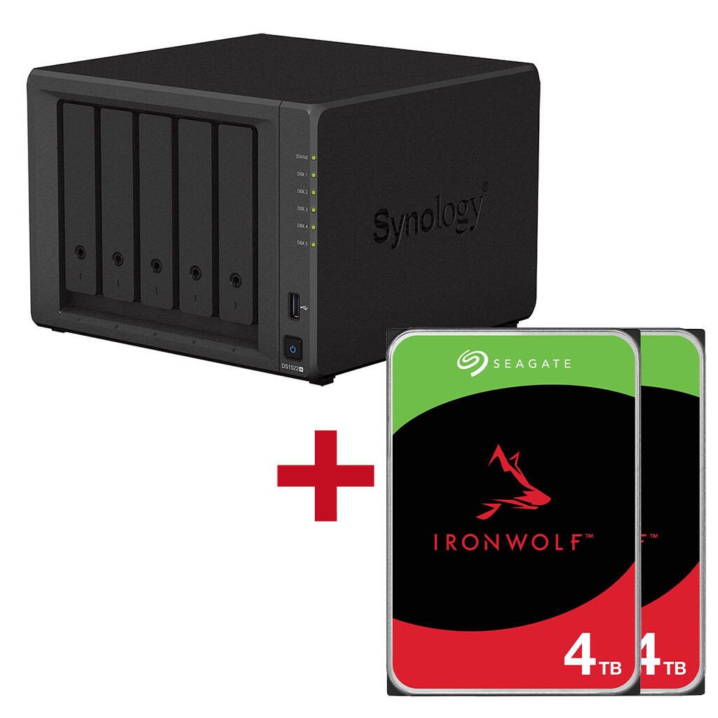 Synology DiskStation DS1522+ 5 Einschübe NAS-Server Leergehäuse + 2x Seagate Ironwolf SATA 3.5' HDD 4TB Festplatte