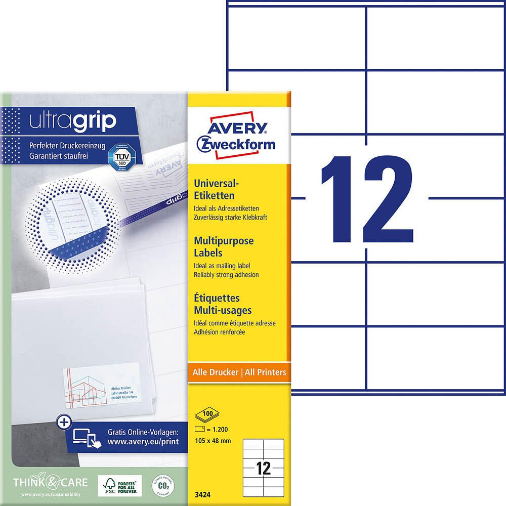 AVERY Zweckform Etiketten 3424 weiß 105,0 x 48,0 mm - 1.200 Stück