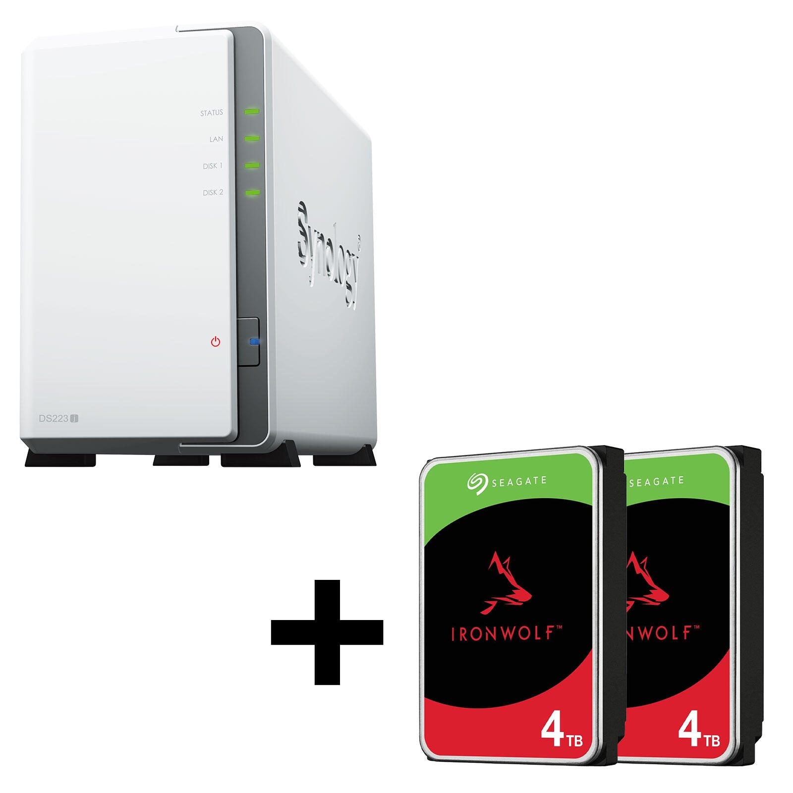 Synology DiskStation DS223J 2 Einschübe NAS-Server Leergehäuse + 8TB (2x4TB) Seagate Ironwolf SATA 3.5' HDD Festplatten