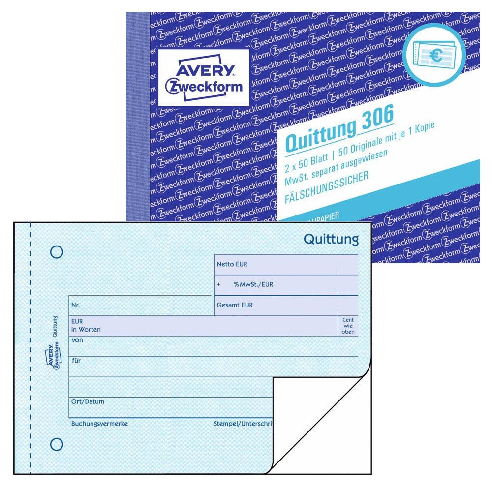 AVERY Zweckform Quittung, MwSt. separat ausgewiesen Formularbuch 306 - 2 x 50 Blatt