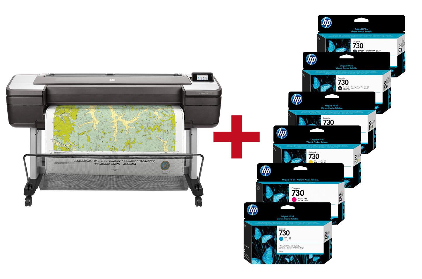 HP DesignJet T1700 PostScript Großformatdrucker Plotter inkusive zusätzlichem HP Tintenset 730