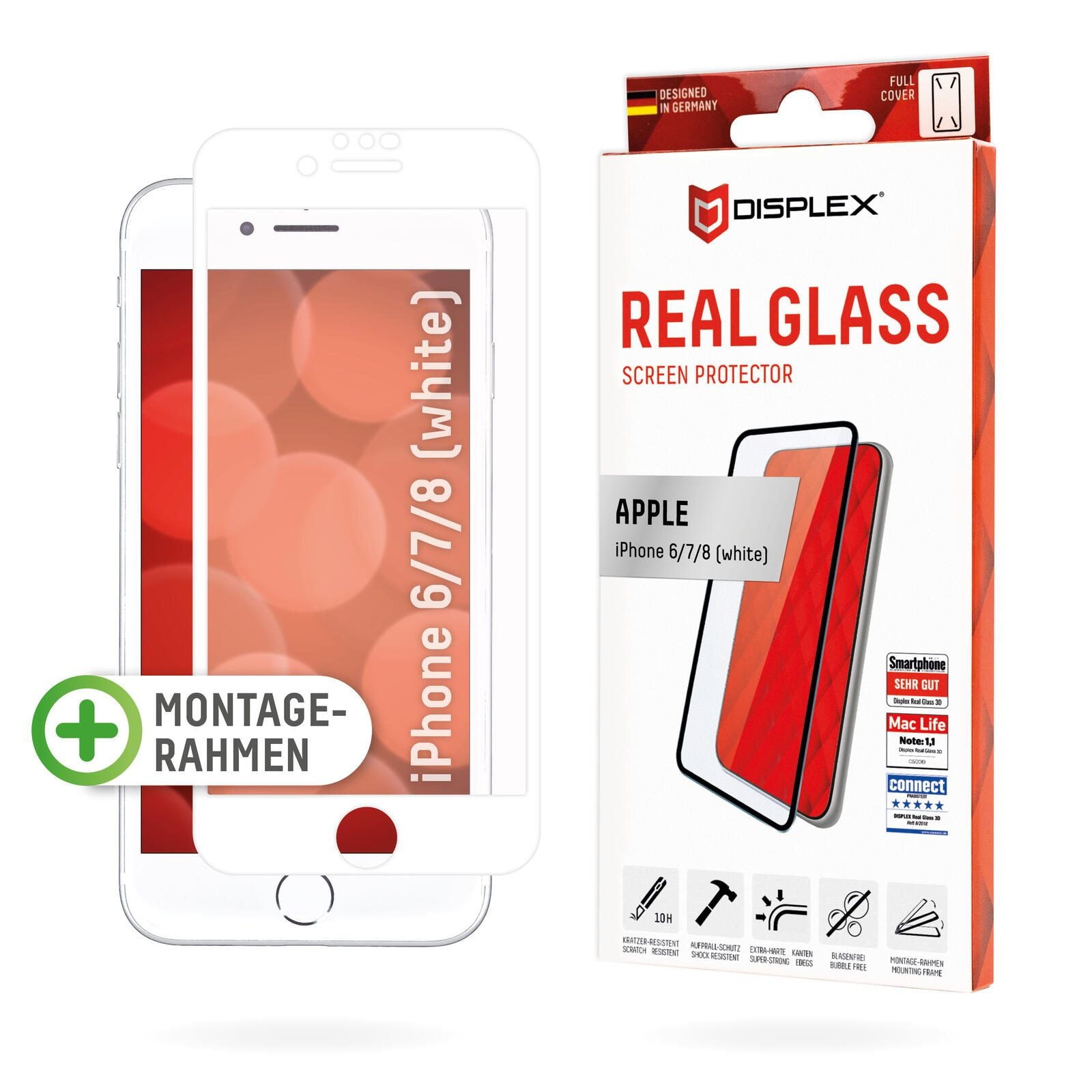 DISPLEX Panzerglas (10H) für Apple iPhone 6/7/8 (White), Montagerahmen, Full Cover