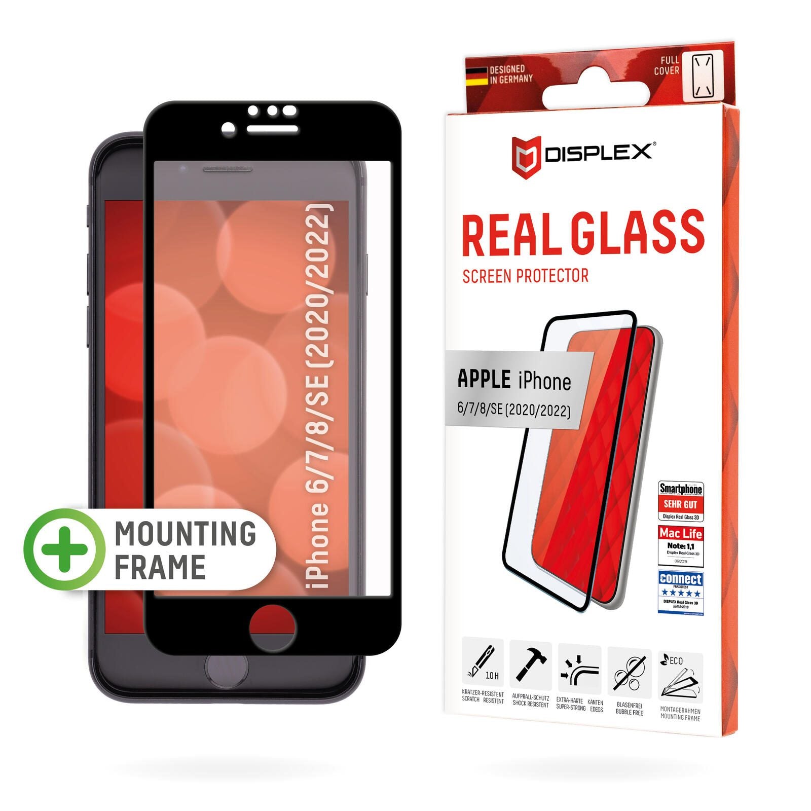 DISPLEX Panzerglas (10H) für Apple iPhone 6/7/8/SE (2020/2022), Eco-Montagerahmen, Full Cover