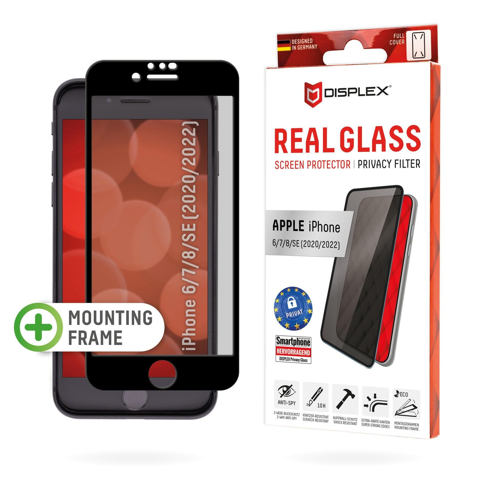 DISPLEX Privacy Panzerglas (10H) für Apple iPhone 6/7/8/SE (2020/2022), Montagerahmen, Privacy Filter