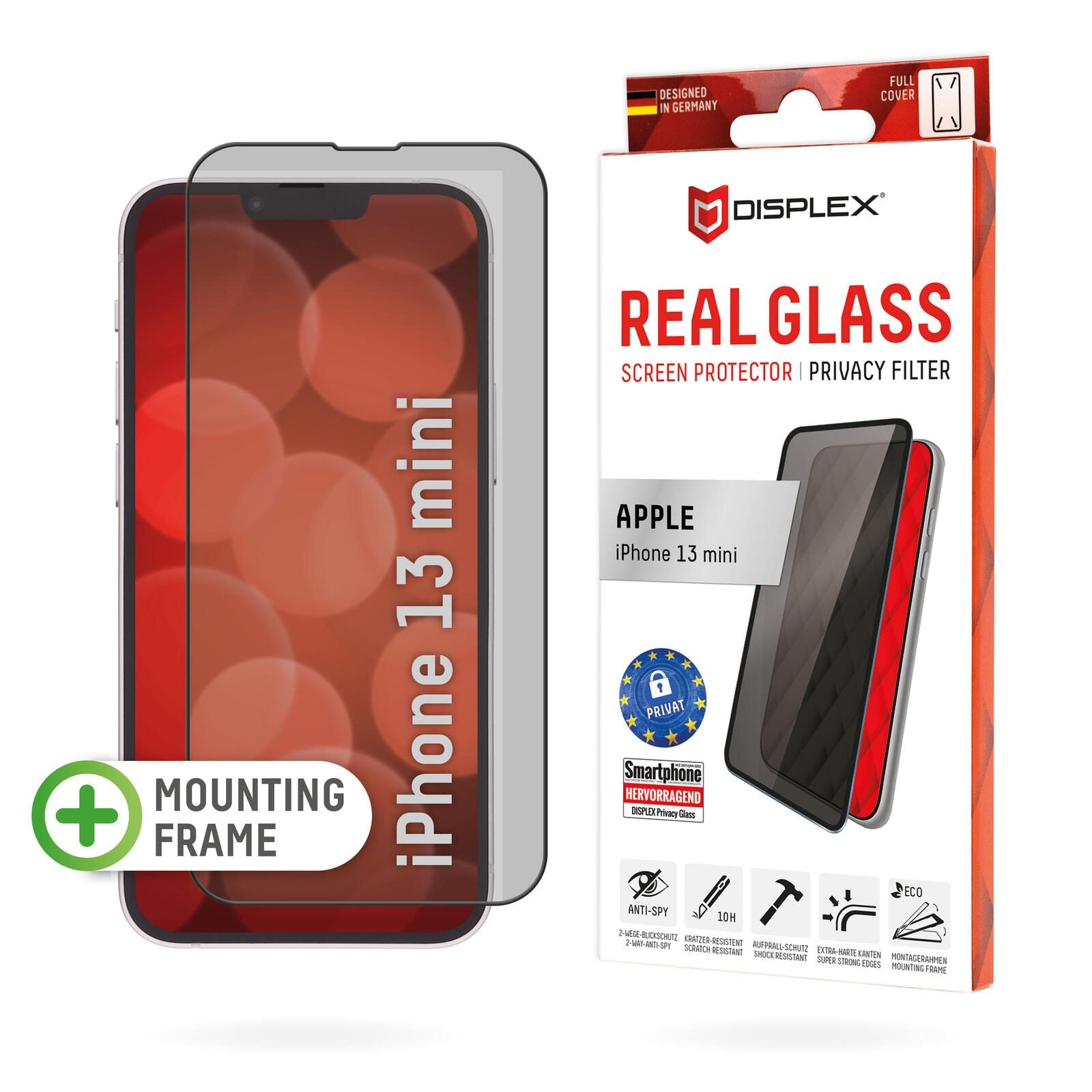 DISPLEX Privacy Panzerglas (10H) für Apple iPhone 13 mini, Eco-Montagerahmen, Privacy Filter