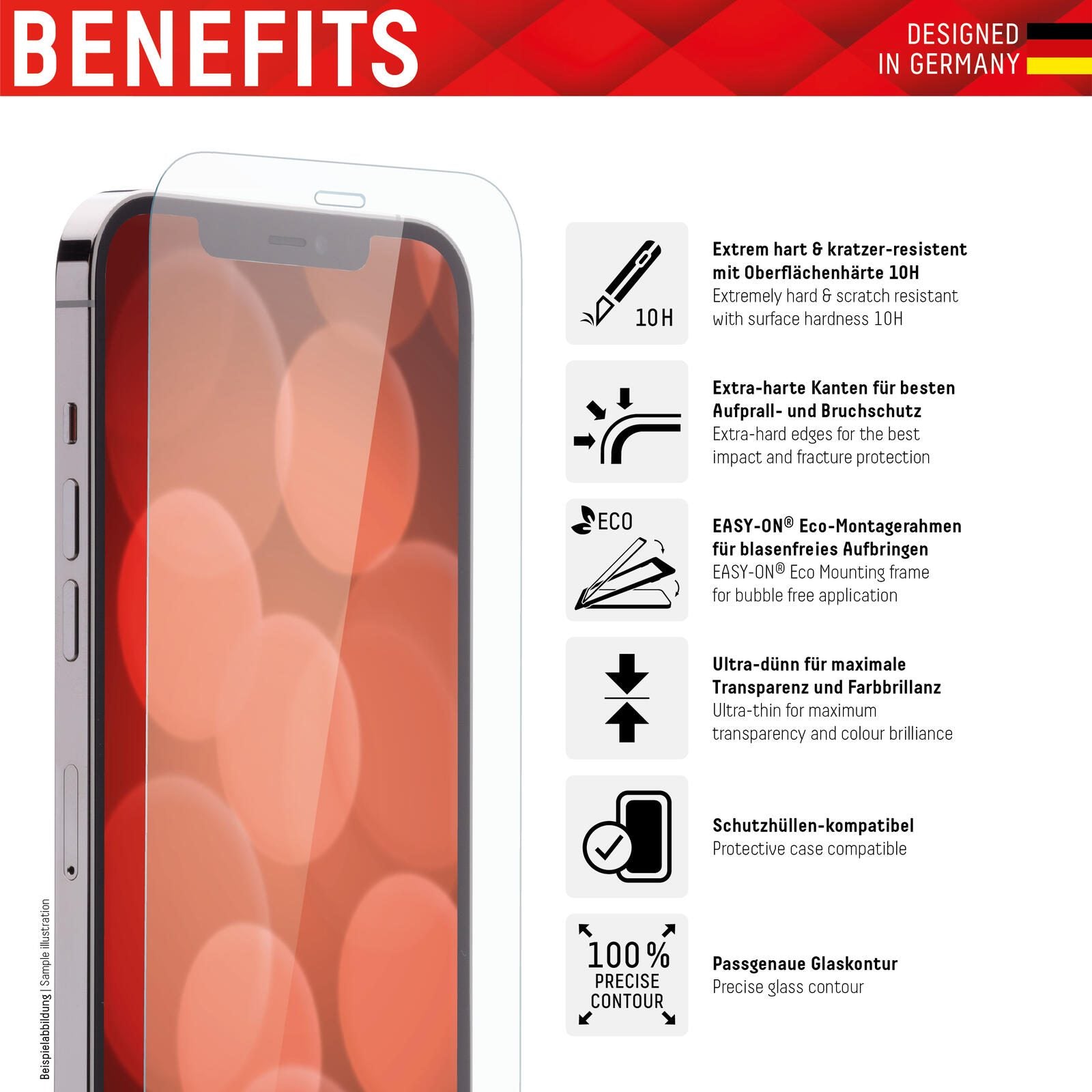 DISPLEX Panzerglas (10H, 2D) für Apple iPhone 13 Pro Max/14 Plus, Eco-Montagerahmen, kratzer-resistent