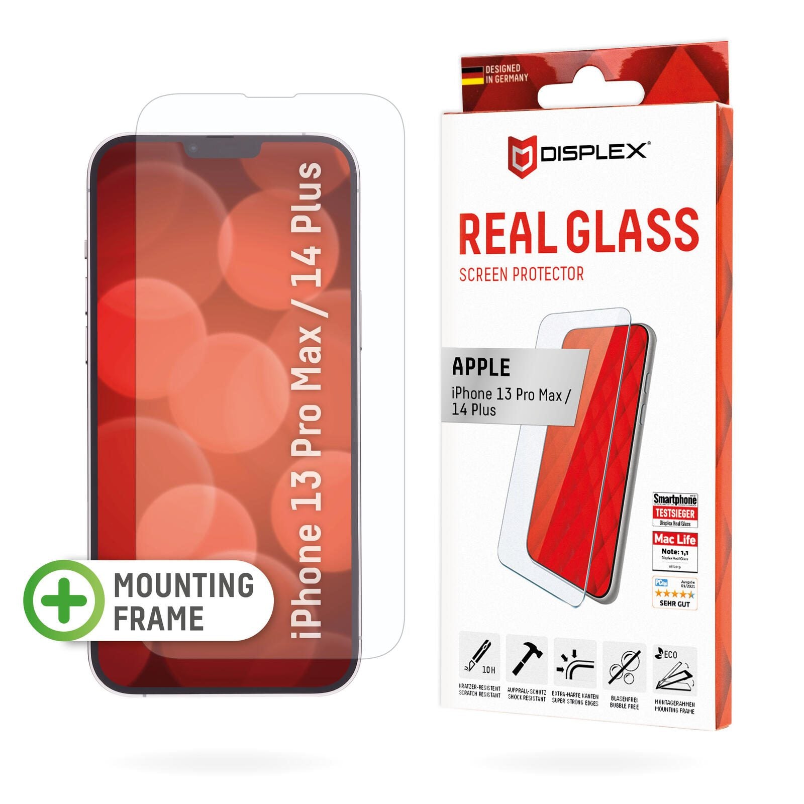 DISPLEX Panzerglas (10H, 2D) für Apple iPhone 13 Pro Max/14 Plus, Eco-Montagerahmen, kratzer-resistent