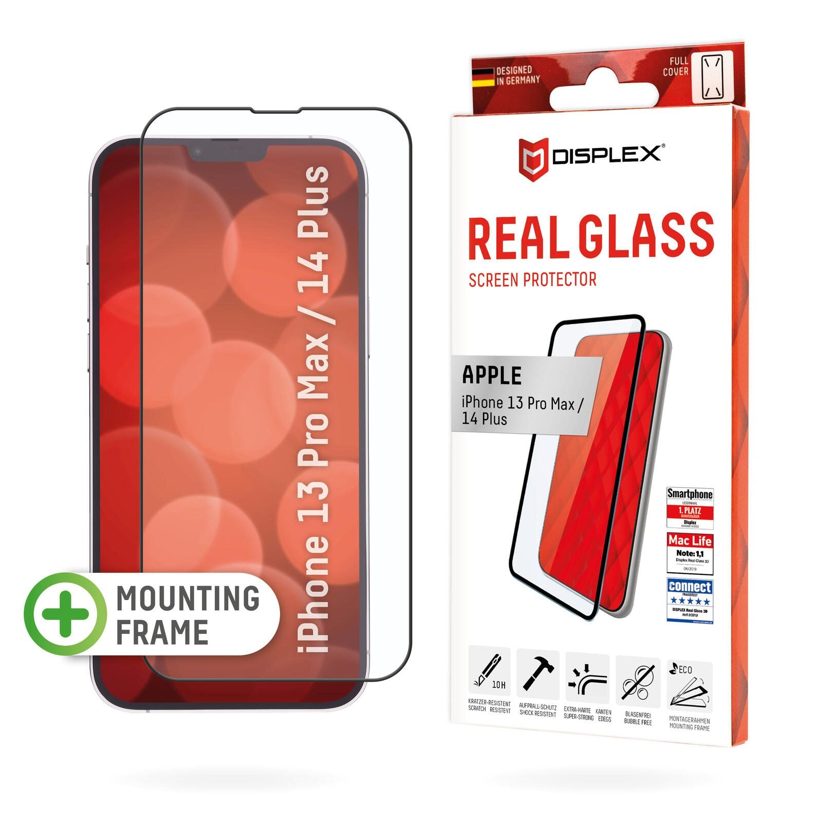 DISPLEX Panzerglas (10H) für Apple iPhone 13 Pro Max/14 Plus, Eco-Montagerahmen, Full Cover