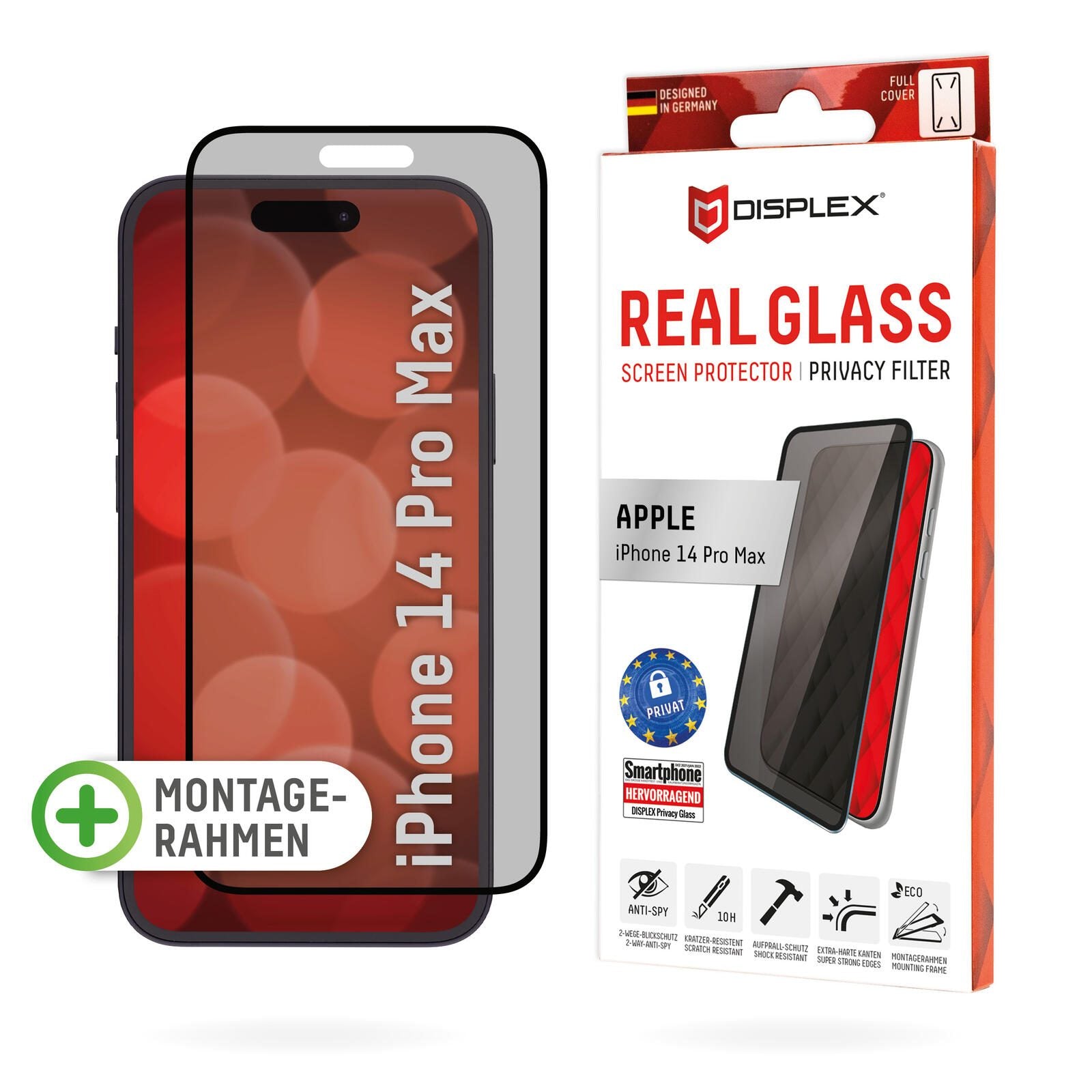 DISPLEX Privacy Panzerglas (10H) für Apple iPhone 14 Pro Max, Eco-Montagerahmen, Privacy Filter