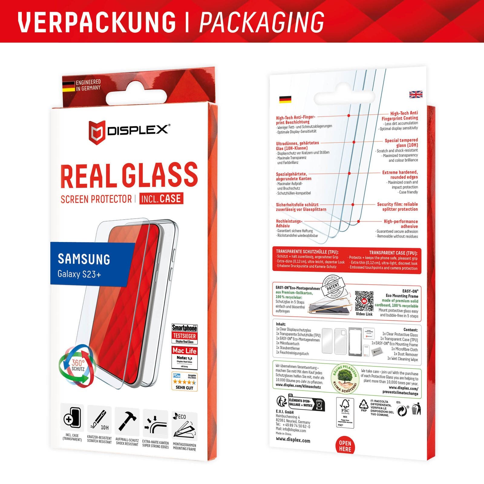 DISPLEX Panzerglas + Schutzhülle für Samsung Galaxy S22+/S23+, Eco-Montagerahmen, kratzer-resistent