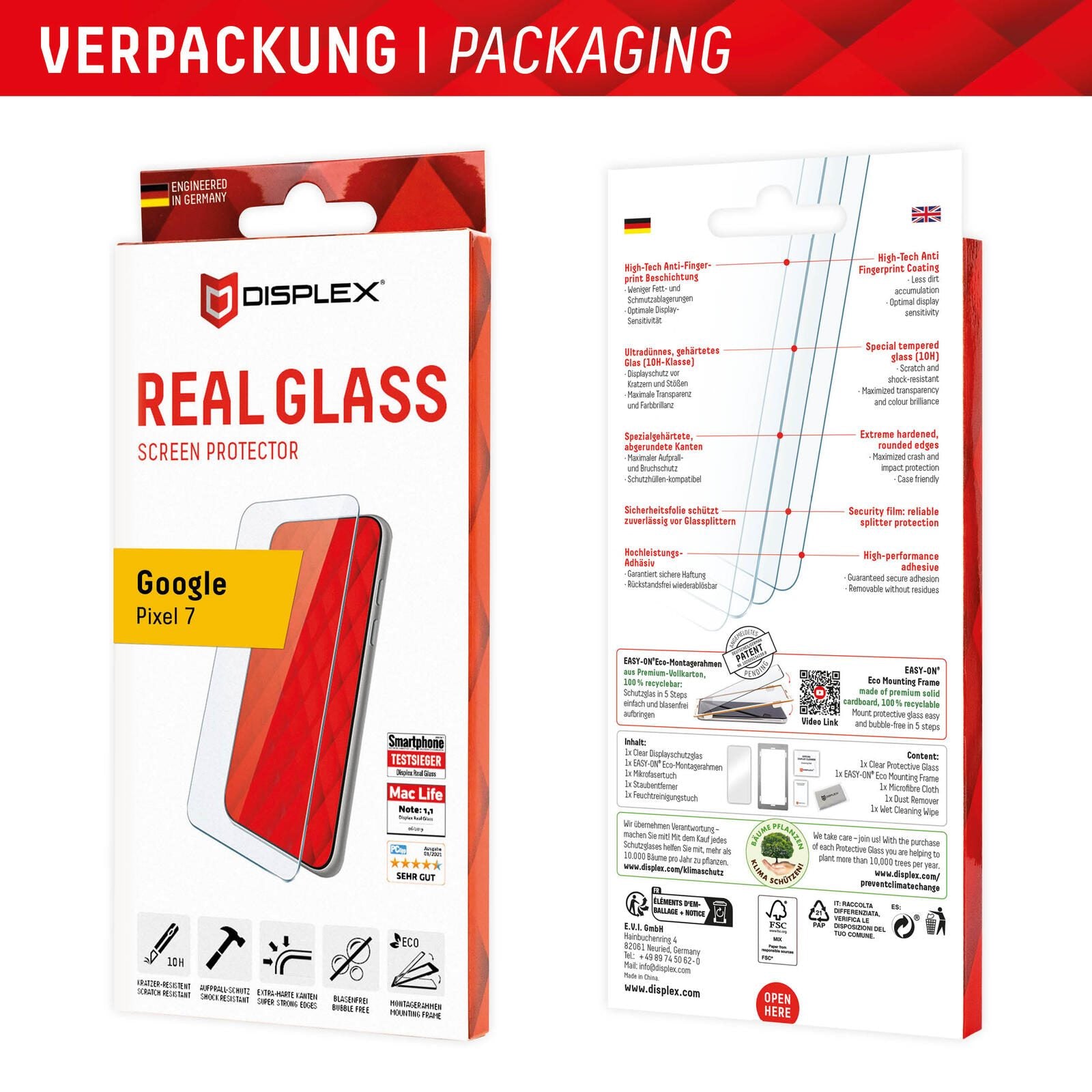 DISPLEX Panzerglas (10H, 2D) für Google Pixel 7, Eco-Montagerahmen, kratzer-resistent