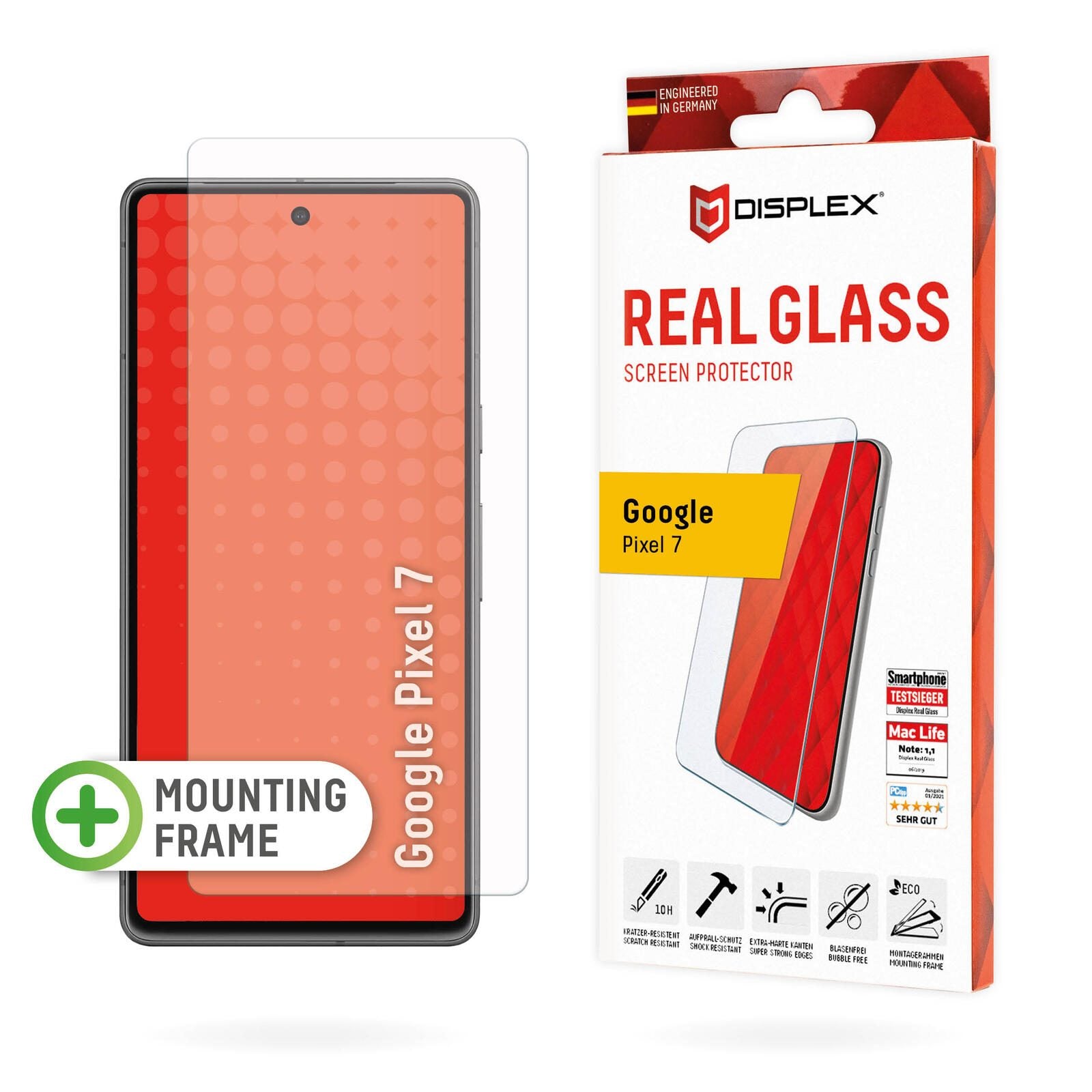 DISPLEX Panzerglas (10H, 2D) für Google Pixel 7, Eco-Montagerahmen, kratzer-resistent