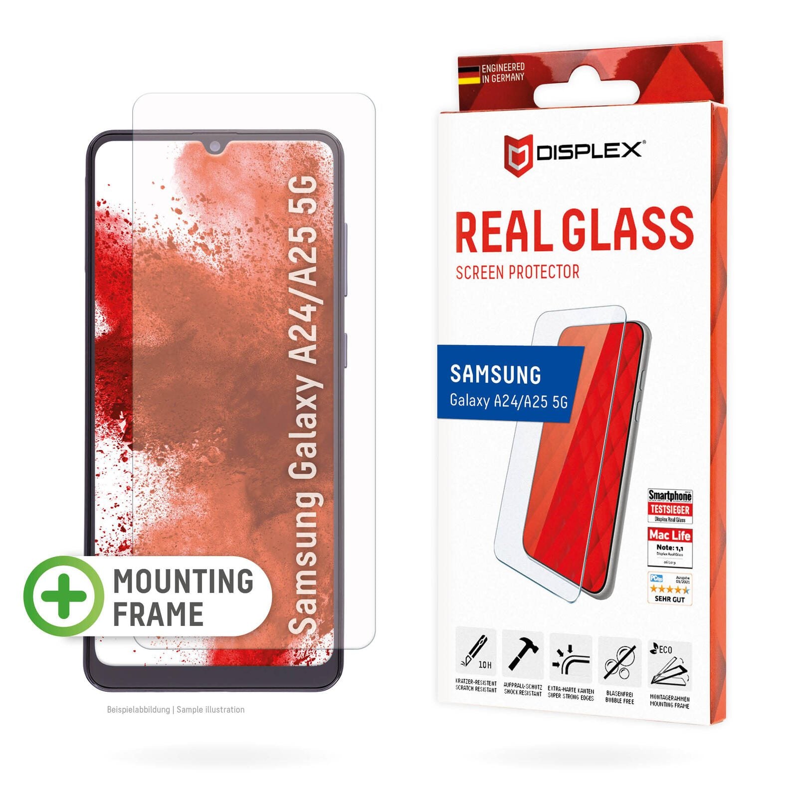 DISPLEX Panzerglas (10H, 2D) für Samsung Galaxy A24/A25 5G, Eco-Montagerahmen, kratzer-resistent