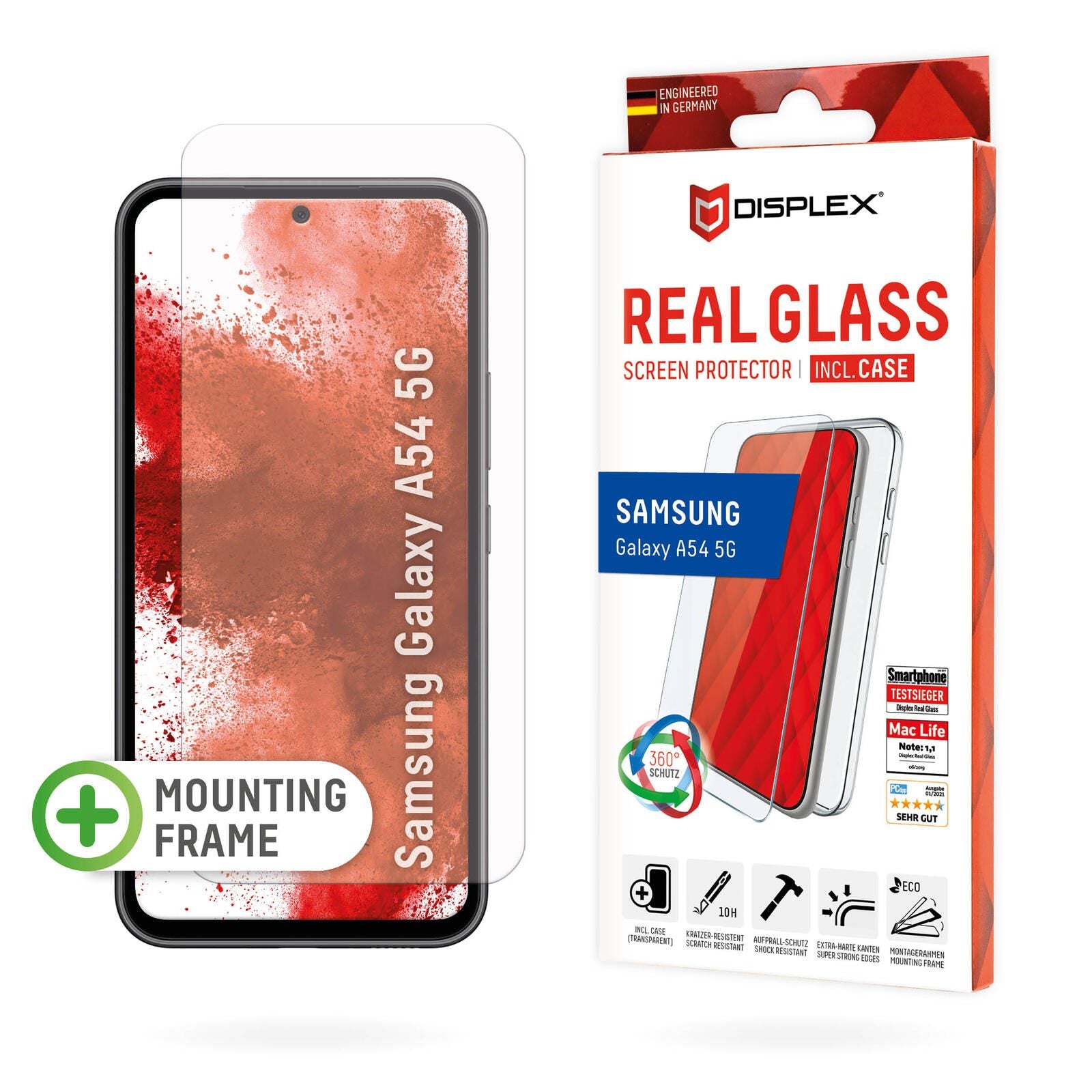 DISPLEX Panzerglas + Schutzhülle für Samsung Galaxy A54 5G, Eco-Montagerahmen, kratzer-resistent
