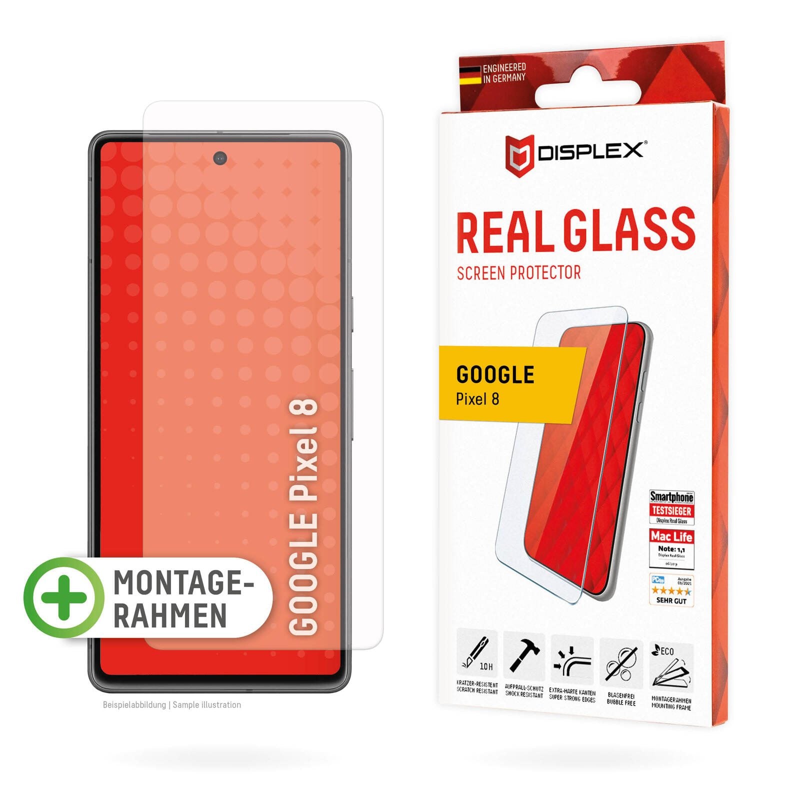 DISPLEX Panzerglas (10H, 2D) für Google Pixel 8, Eco-Montagerahmen, kratzer-resistent