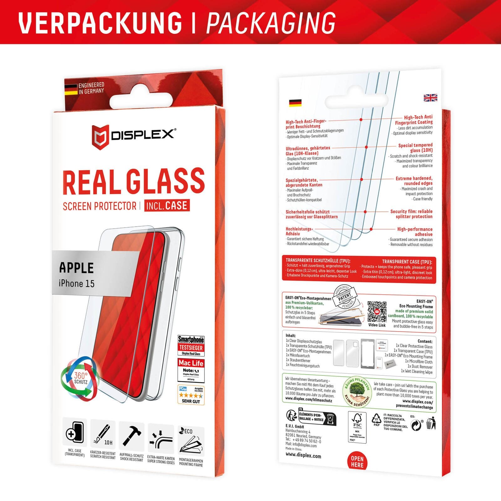 DISPLEX Panzerglas + Schutzhülle für Apple iPhone 15