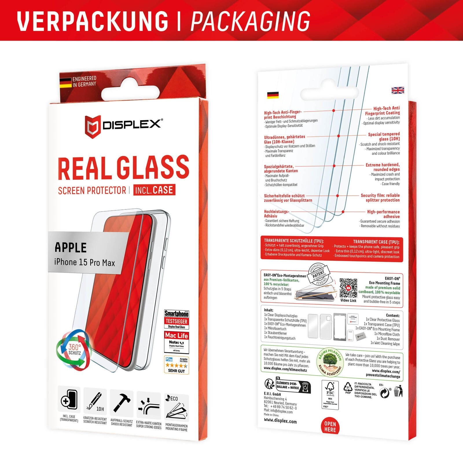 DISPLEX Panzerglas + Schutzhülle für Apple iPhone 15 Pro Max