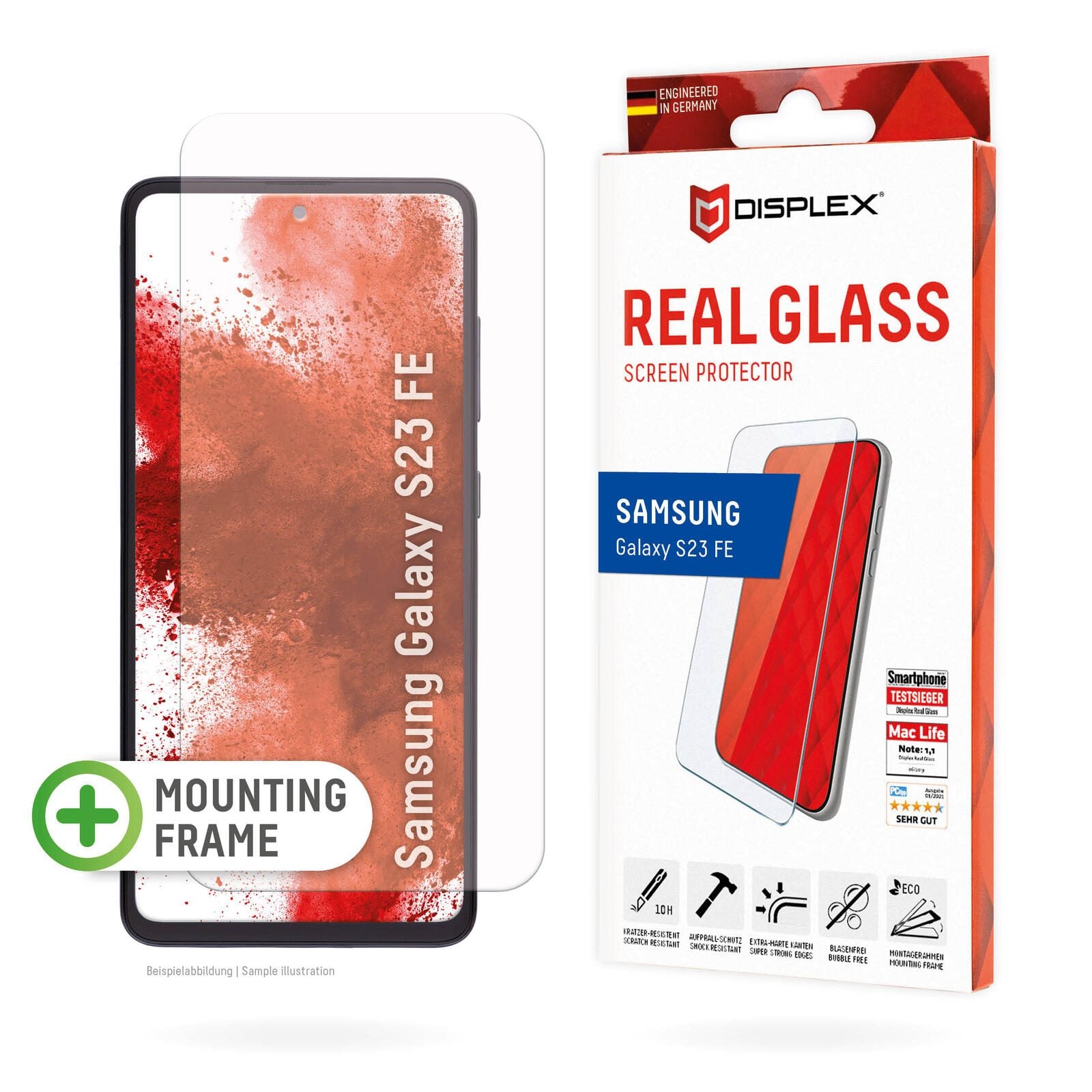DISPLEX Panzerglas (10H, 2D) für Samsung Galaxy S23 FE, Eco-Montagerahmen, kratzer-resistent