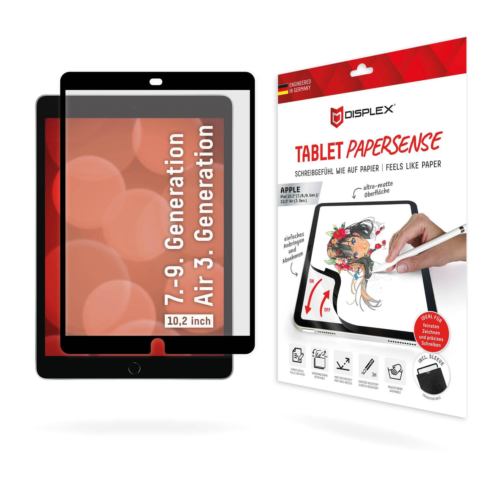 DISPLEX TABLET PAPERSENSE für iPad (7./8./9. Gen.)/Air (3. Gen.), wiederablösbare Schreibfolie und Zeichenfolie mit Pape