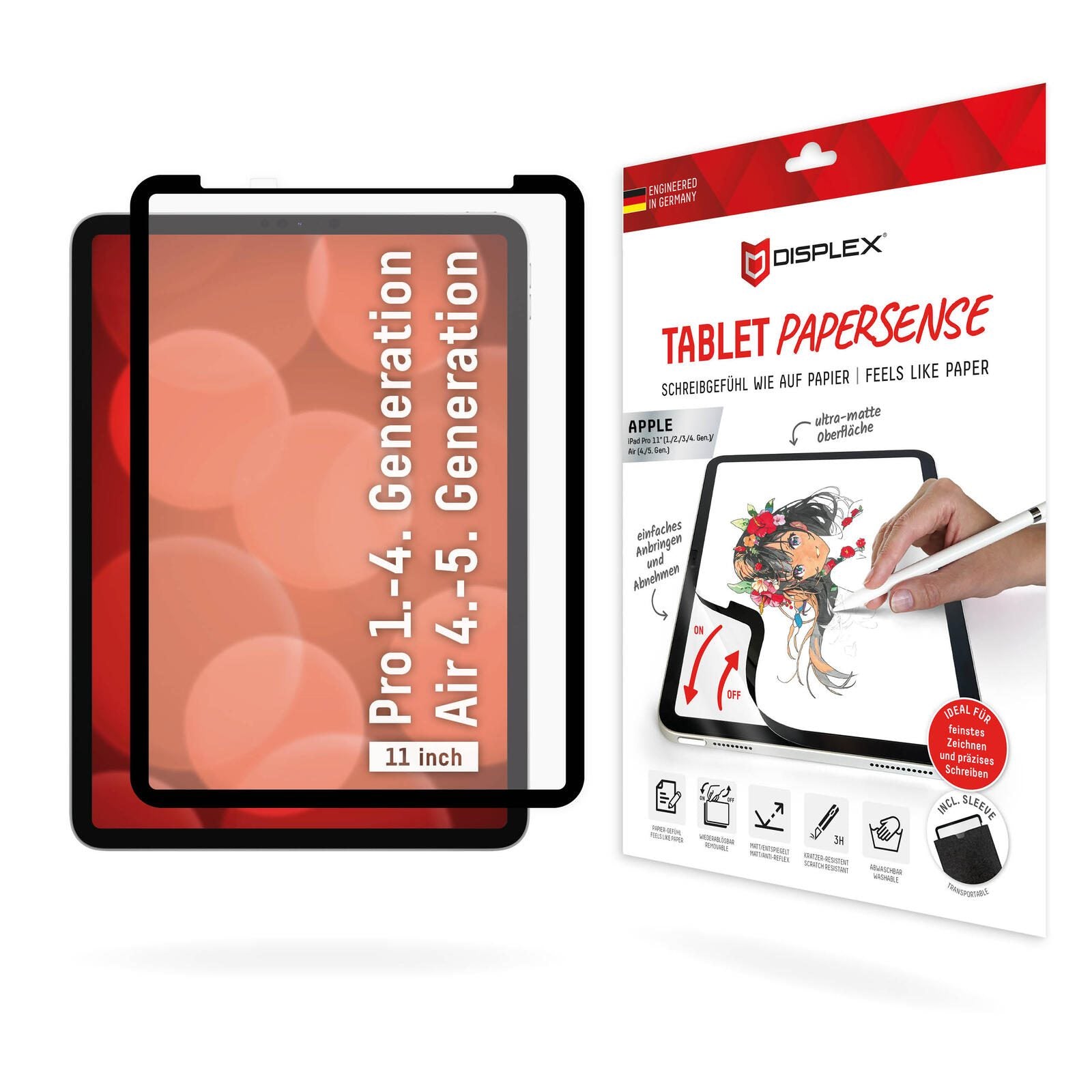 DISPLEX TABLET PAPERSENSE für iPad Pro 11'' (1./2./3./4. Gen.)/Air (4./5. Gen.), wiederablösbare Schreibfolie und Zeiche