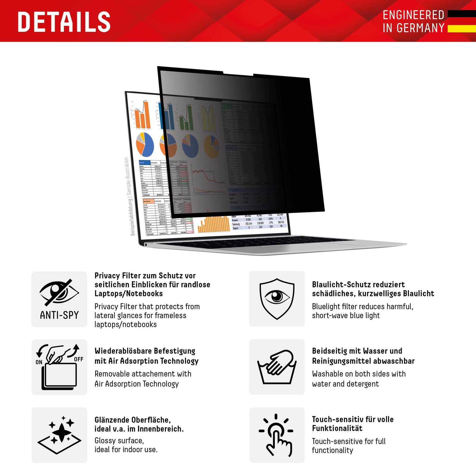DISPLEX PRIVACY SAFE Wiederablösbarer 2-Wege Blickschutzfilter für Laptop/ Notebook (randlos/frameless) 13,3'' (16:9)