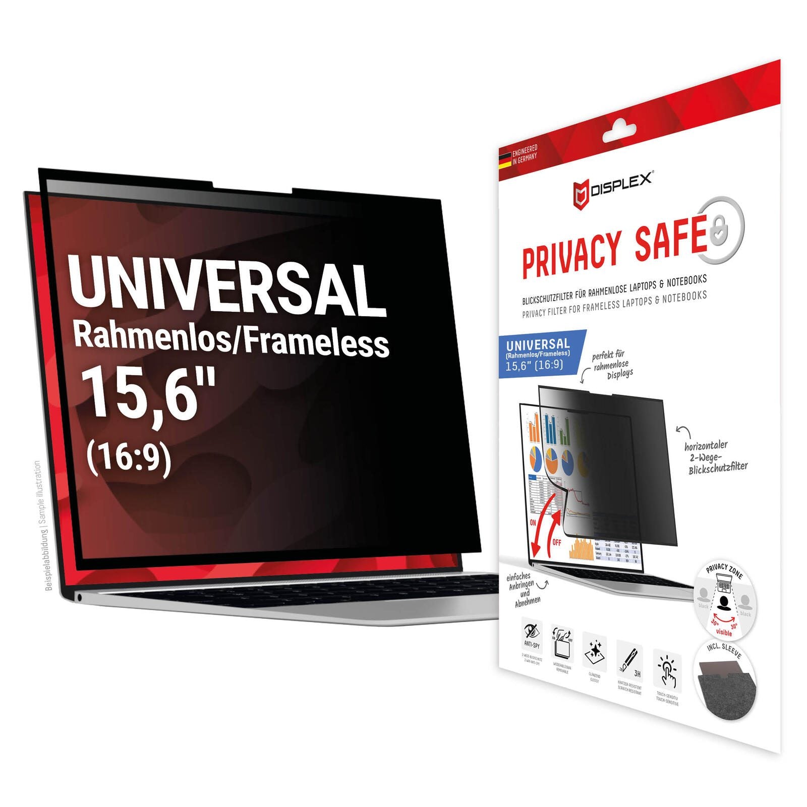DISPLEX PRIVACY SAFE Wiederablösbarer 2-Wege Blickschutzfilter für Laptop/ Notebook (randlos/frameless) 15,6'' (16:9)