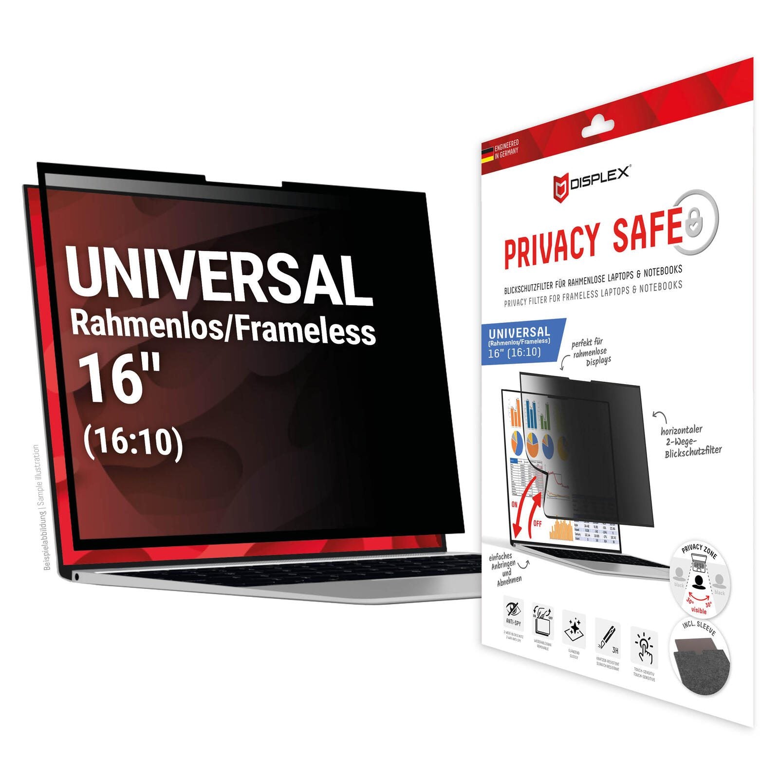 DISPLEX PRIVACY SAFE Wiederablösbarer 2-Wege Blickschutzfilter für Laptop/ Notebook (randlos/frameless) 16'' (16:10)