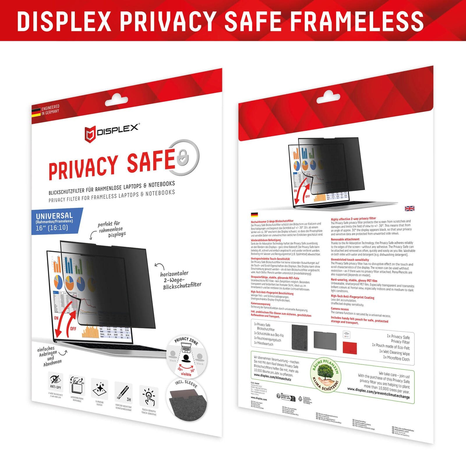 DISPLEX PRIVACY SAFE Wiederablösbarer 2-Wege Blickschutzfilter für Laptop/ Notebook (randlos/frameless) 16'' (16:10)