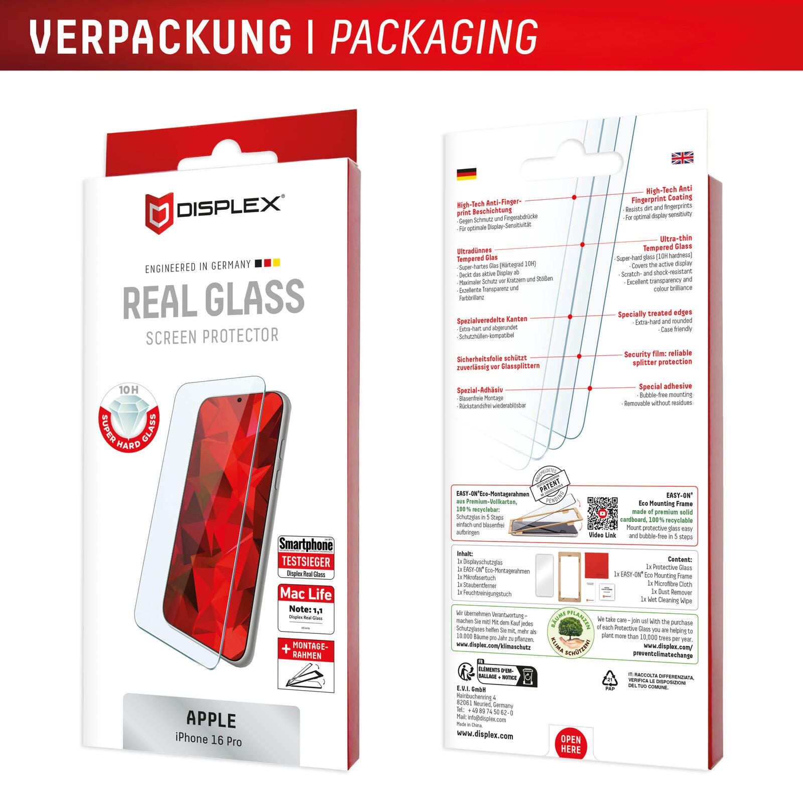 DISPLEX Panzerglas 2D/ Clear 10H für Apple iPhone 16 Pro