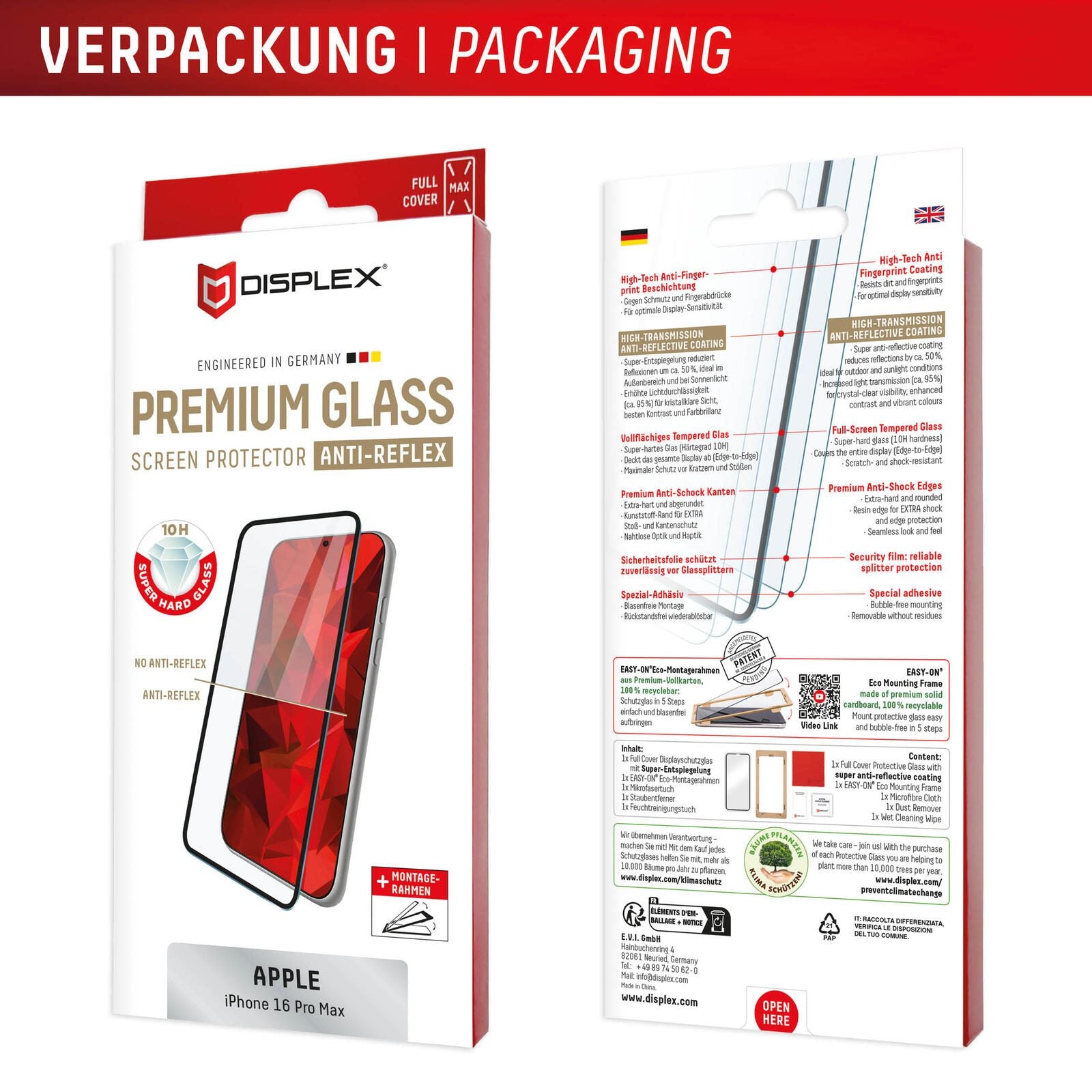 DISPLEX Premium Anti-Reflex Panzerglas (super-entspiegelt, FC, 10H) für Apple iPhone 16 Pro Max