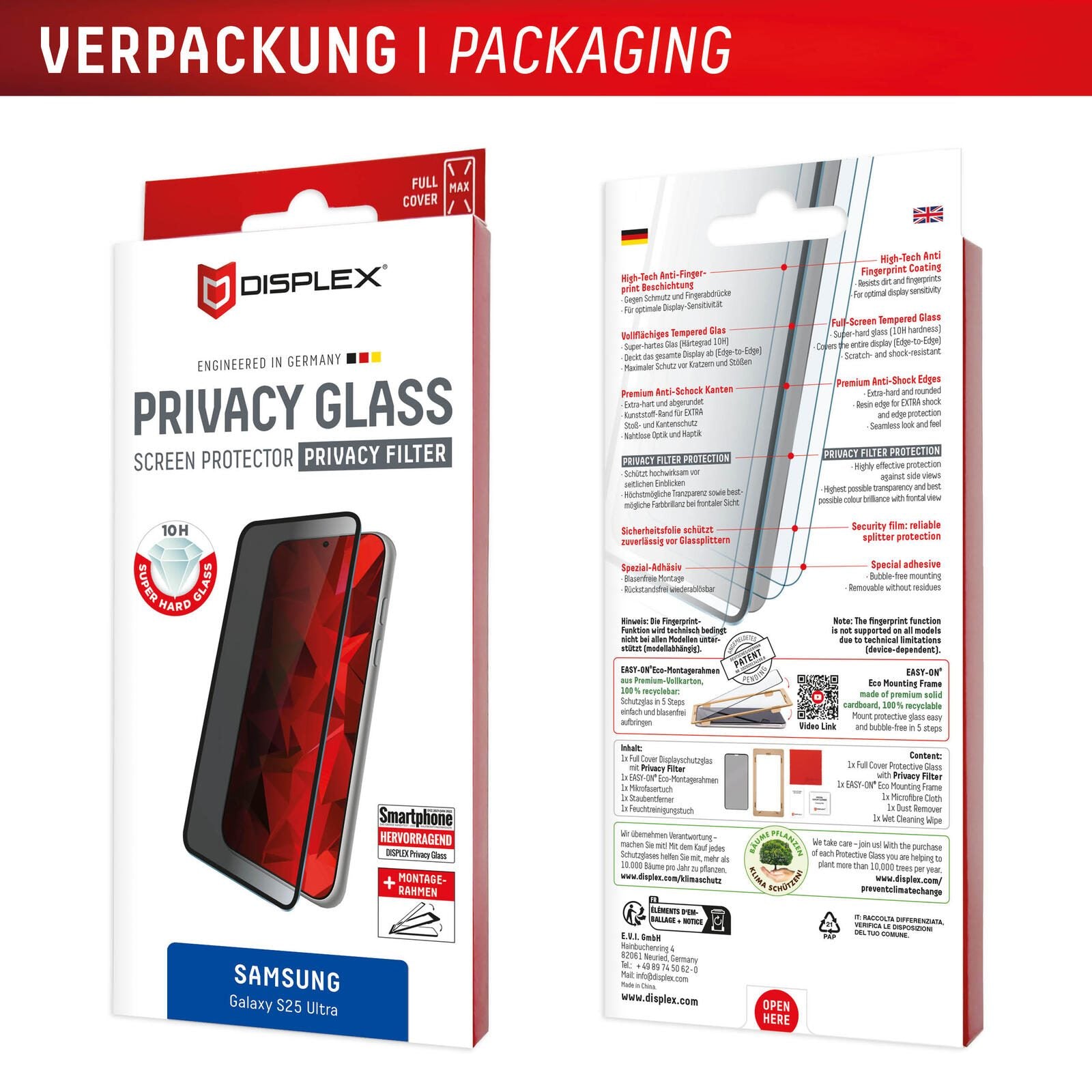 DISPLEX Privacy Full Cover Panzerglas (10H) für Samsung Galaxy S25 Ultra