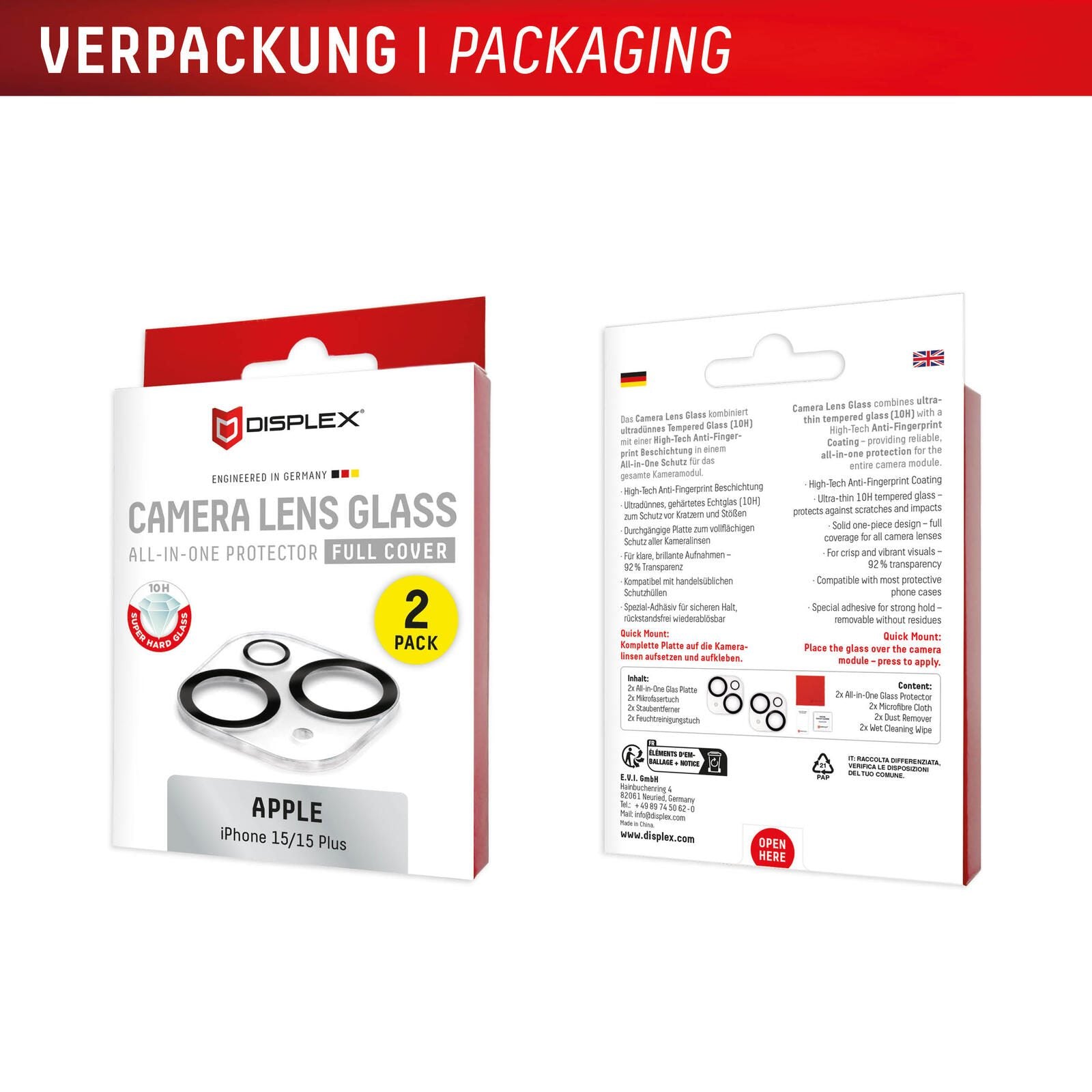 DISPLEX Full Cover Camera Lens Glass, iPhone 15/15 Plus (2 Stück)