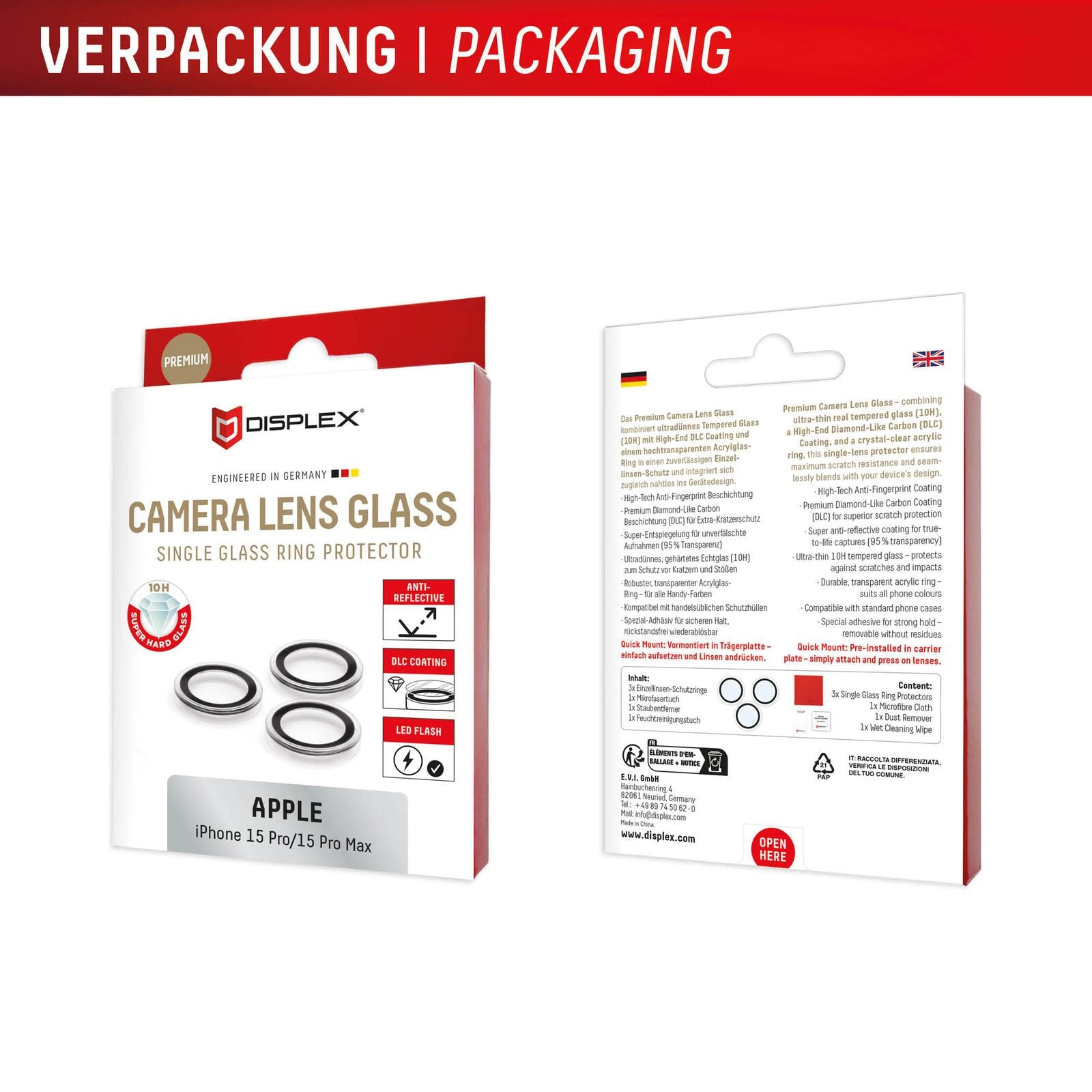 DISPLEX Premium Camera Lens Glass, iPhone 15 Pro/15 Pro Max Einzelringe