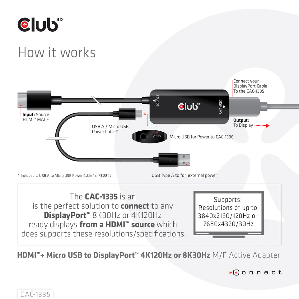 Club3D Adapter HDMI + MicroUSB > DP    4K120Hz aktiv St/Bu retai