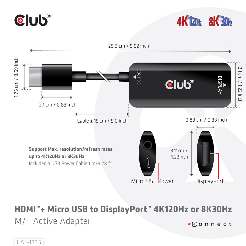 Club3D Adapter HDMI + MicroUSB > DP    4K120Hz aktiv St/Bu retai