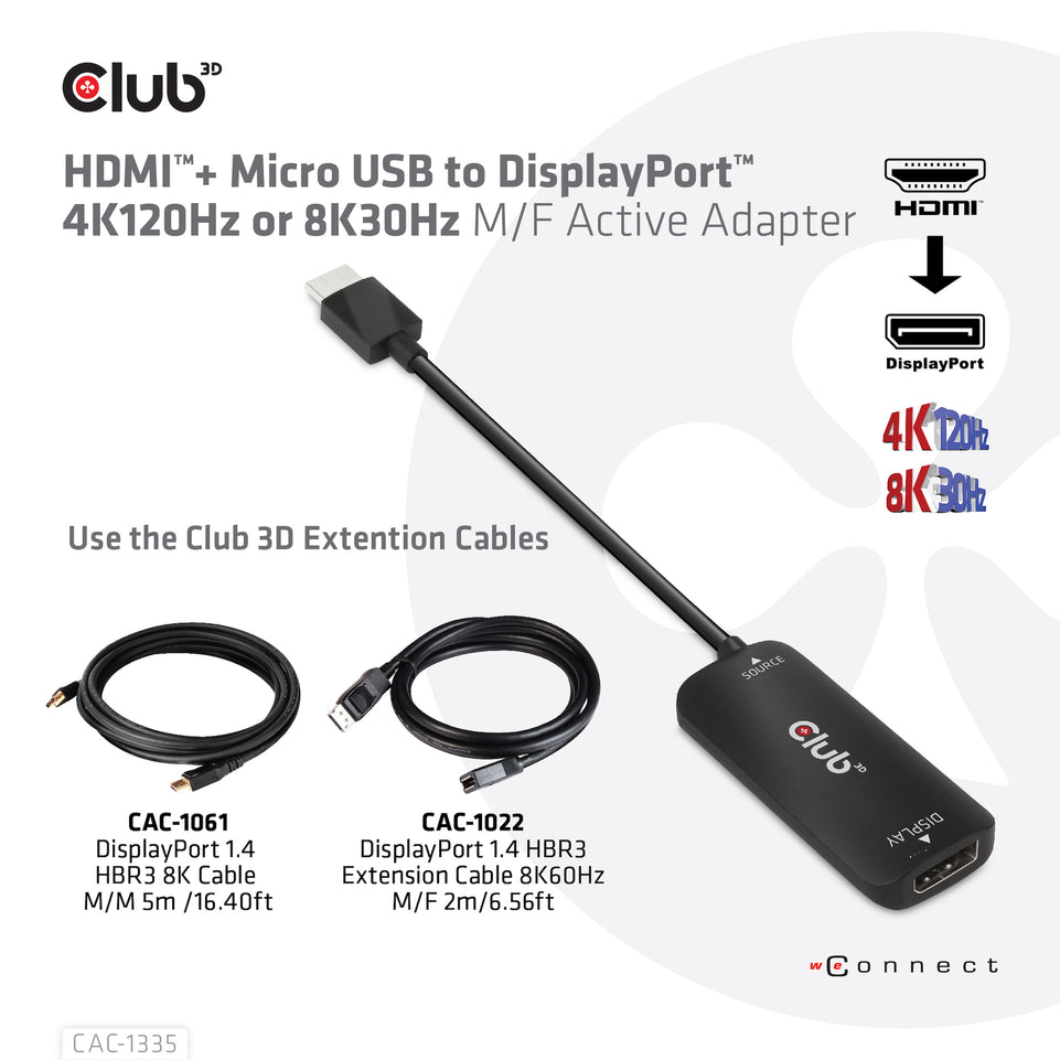 Club3D Adapter HDMI + MicroUSB > DP    4K120Hz aktiv St/Bu retai