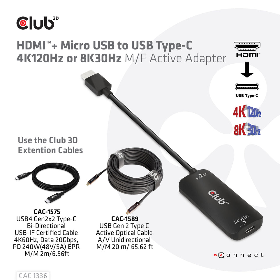 Club3D Adapter HDMI + MicroUSB > USB-C 4K120Hz aktiv St/Bu retai