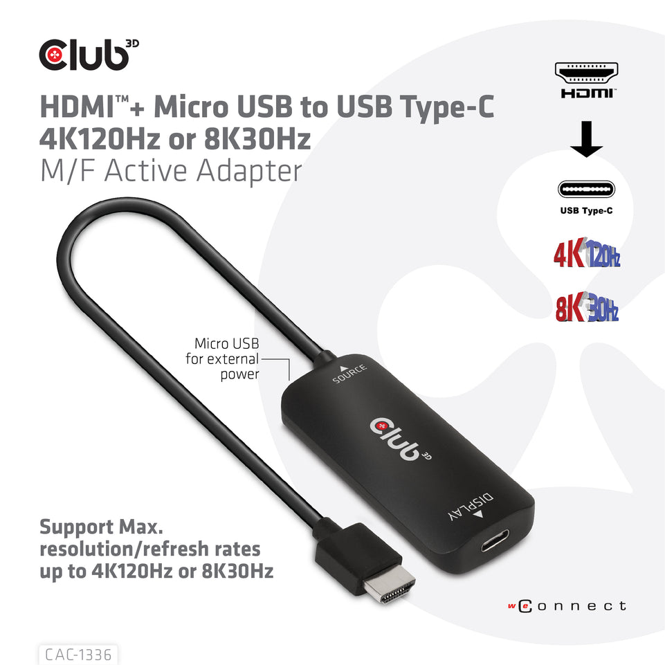 Club3D Adapter HDMI + MicroUSB > USB-C 4K120Hz aktiv St/Bu retai