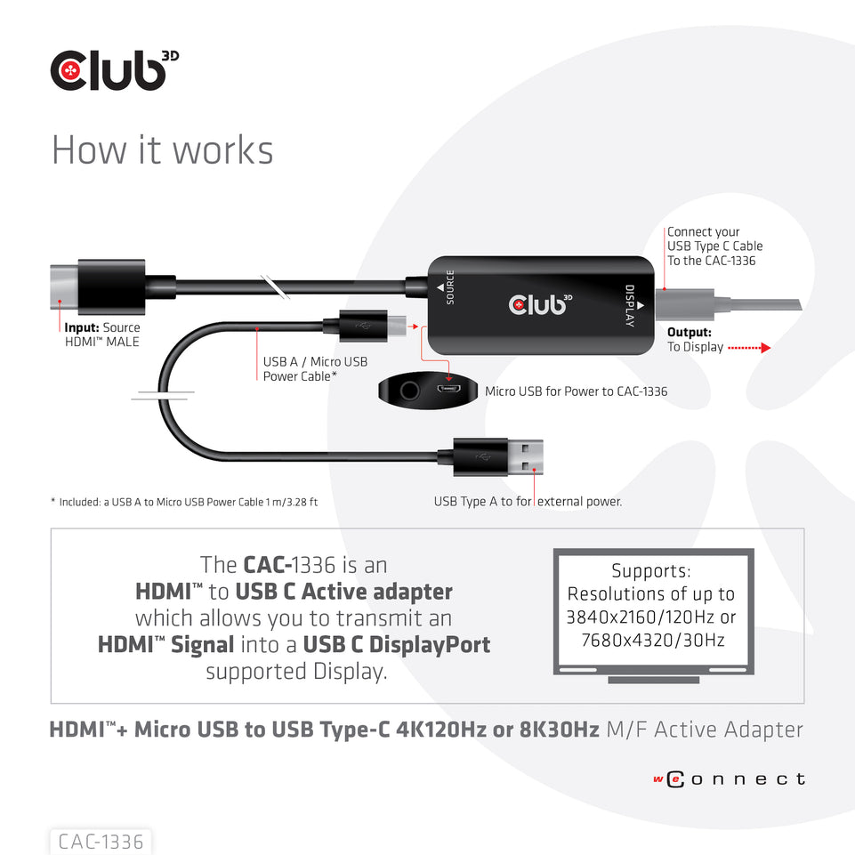 Club3D Adapter HDMI + MicroUSB > USB-C 4K120Hz aktiv St/Bu retai