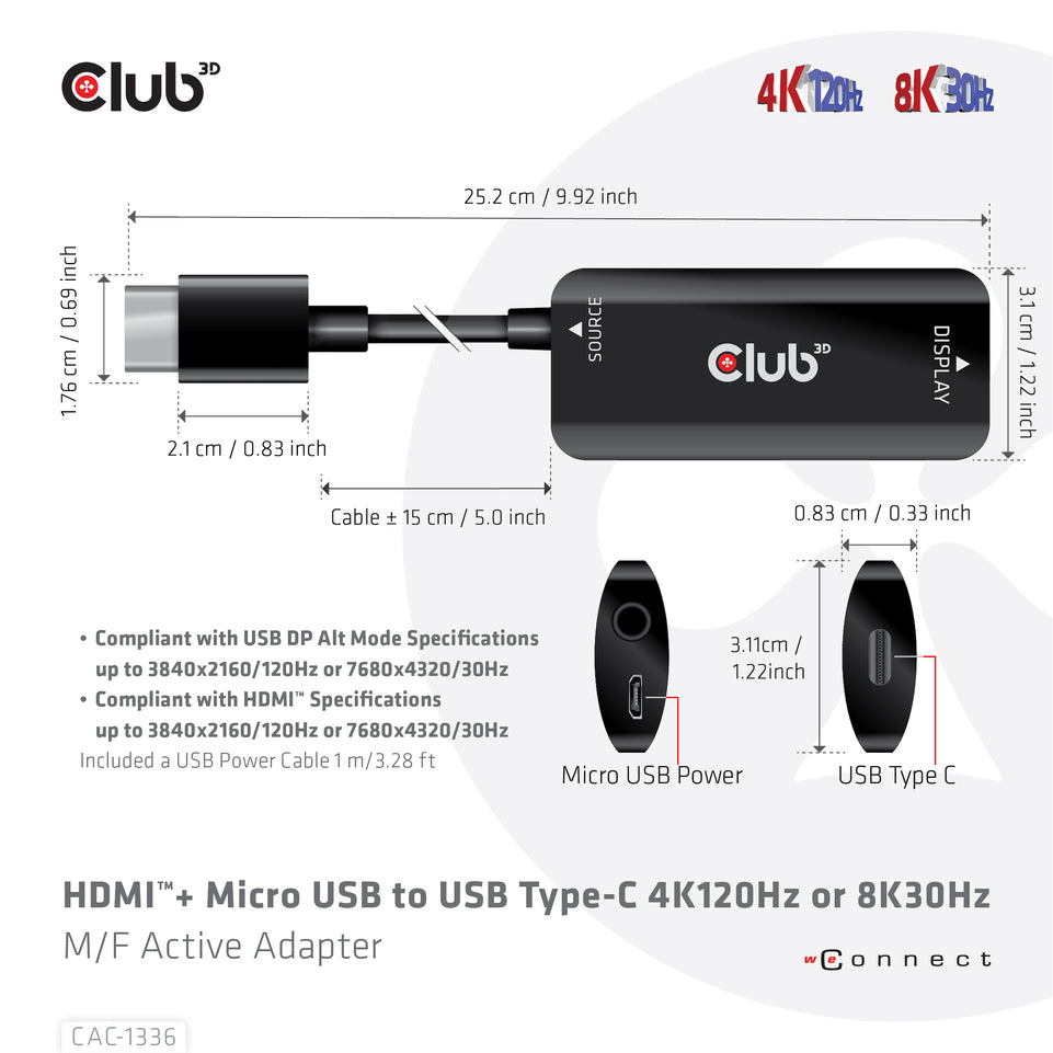 Club3D Adapter HDMI + MicroUSB > USB-C 4K120Hz aktiv St/Bu retai