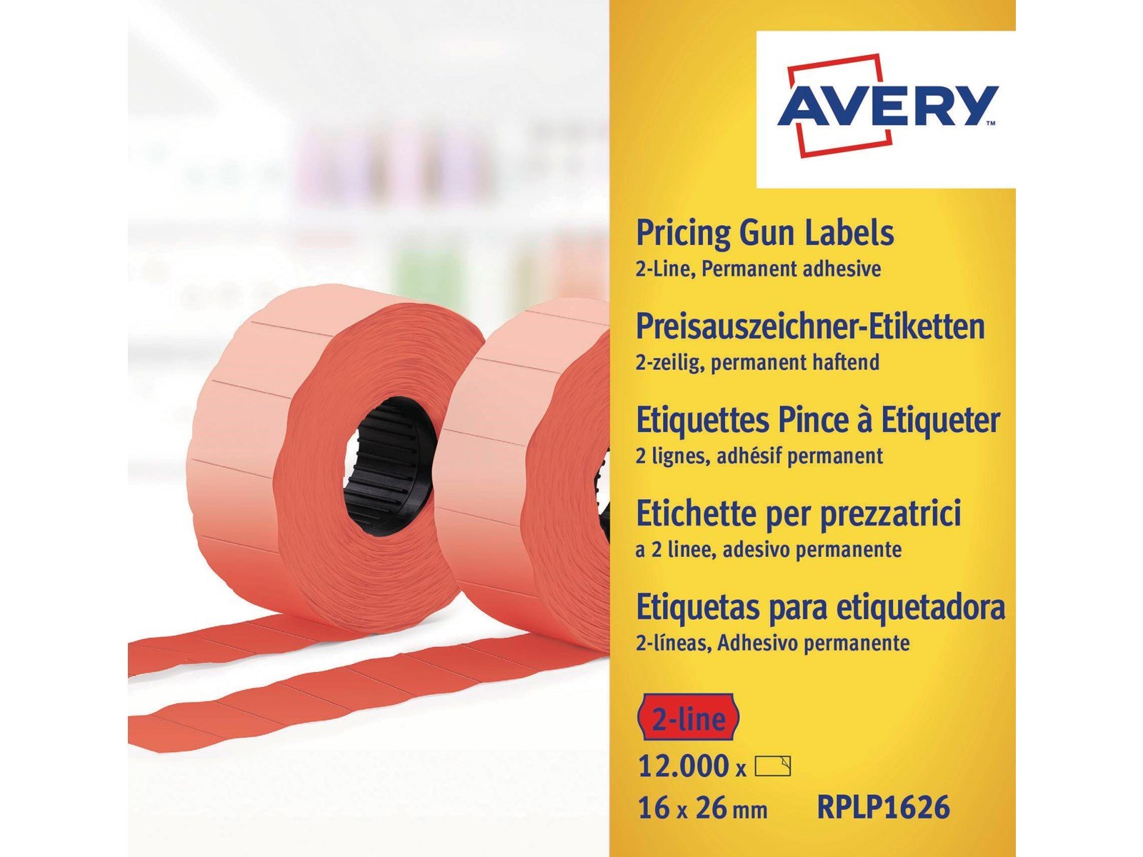 Avery Label on roll for 2 lines up to 18 digits permanent red