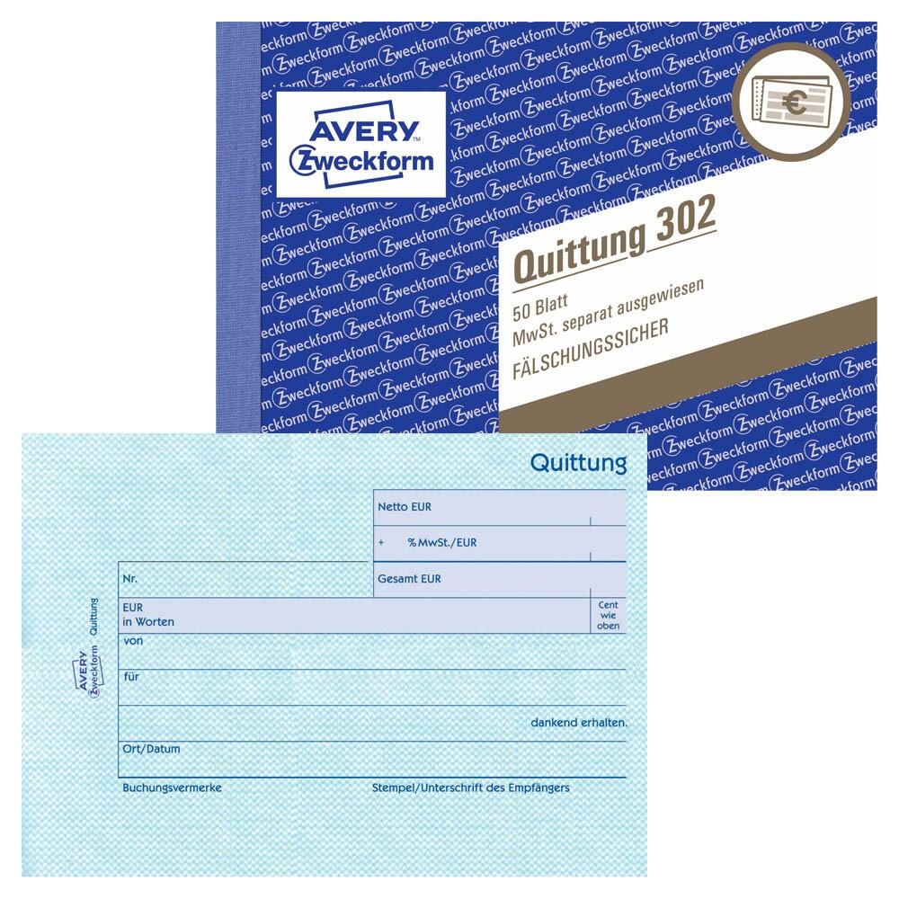 AVERY Zweckform Quittung, MwSt. separat ausgewiesen Formularbuch 302 - 1x 50 Blatt